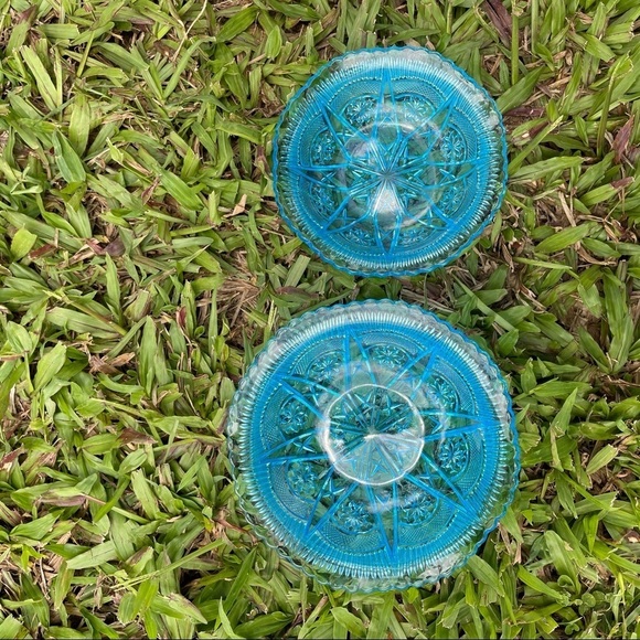 Blue Glass Serving Bowls Set Of 2 Snowflakes Stars Ruffled Rim Vintage - Picture 12 of 14